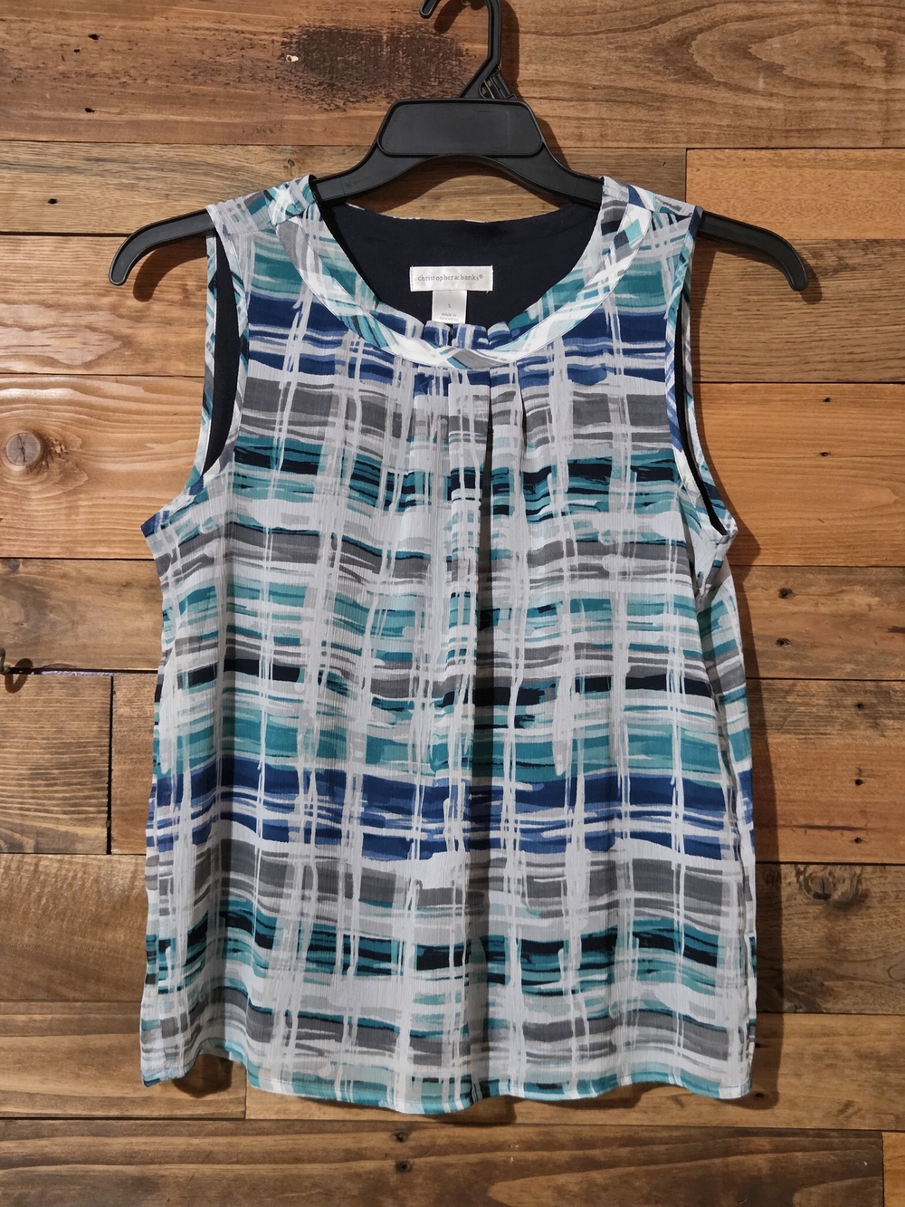 Sleeveless Abstract Plaid Lined Blouse Teal Navy Gray Career Sz S Office